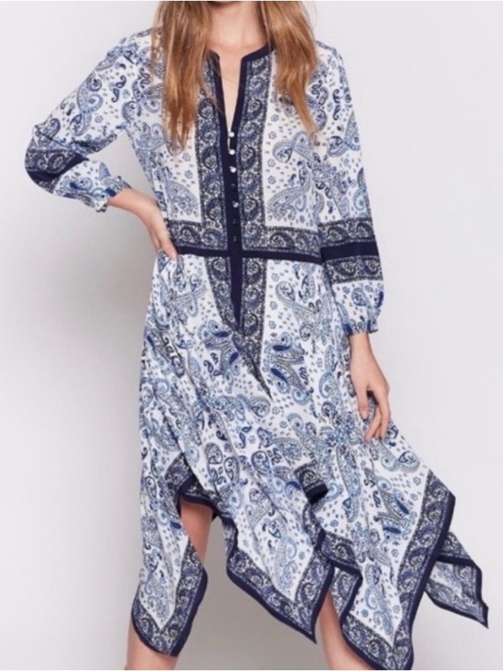 Joie White and Navy Paisley High-Low Midi Dress